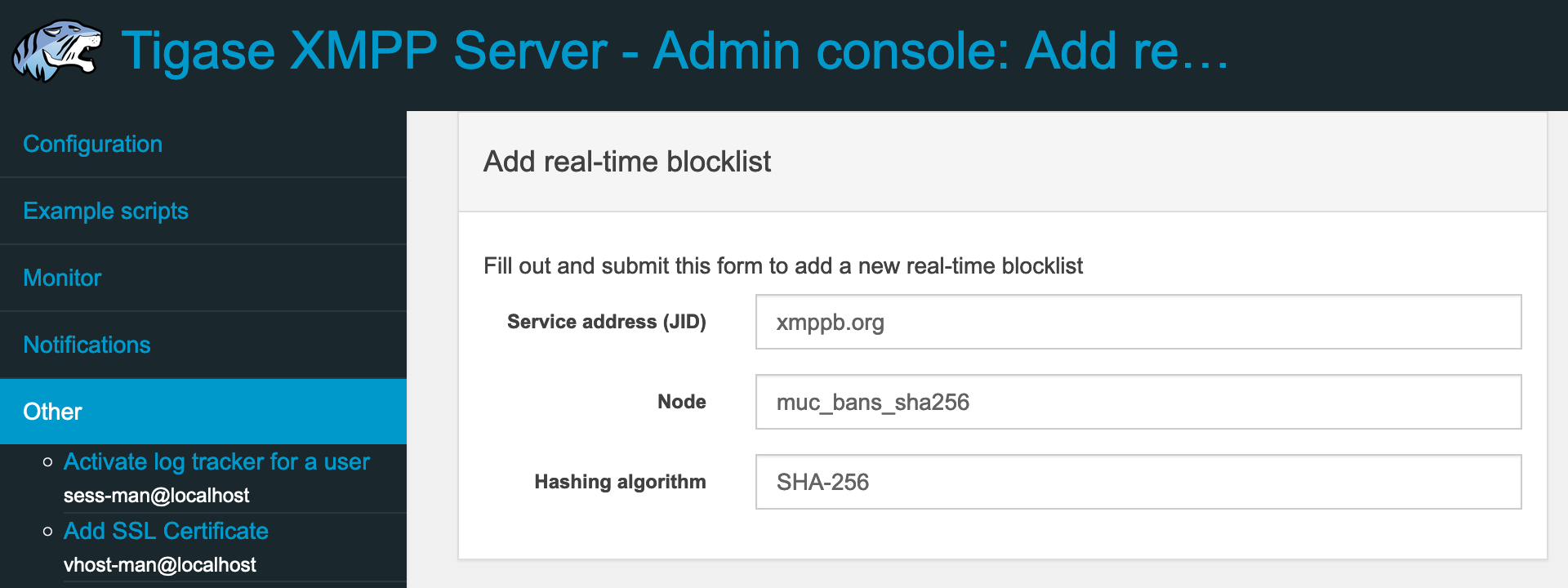 Screenshot of filled form for adding RTBL